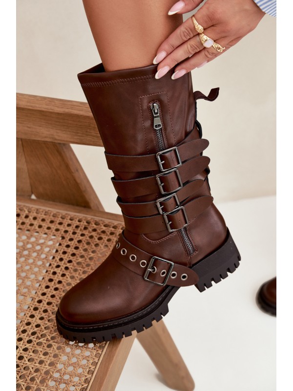 Insulated women's boots with straps and buckles brown Ivaline