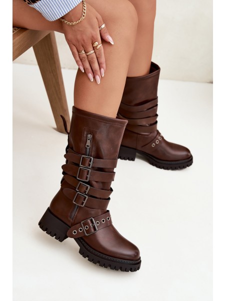 Insulated women's boots with straps and buckles brown Ivaline
