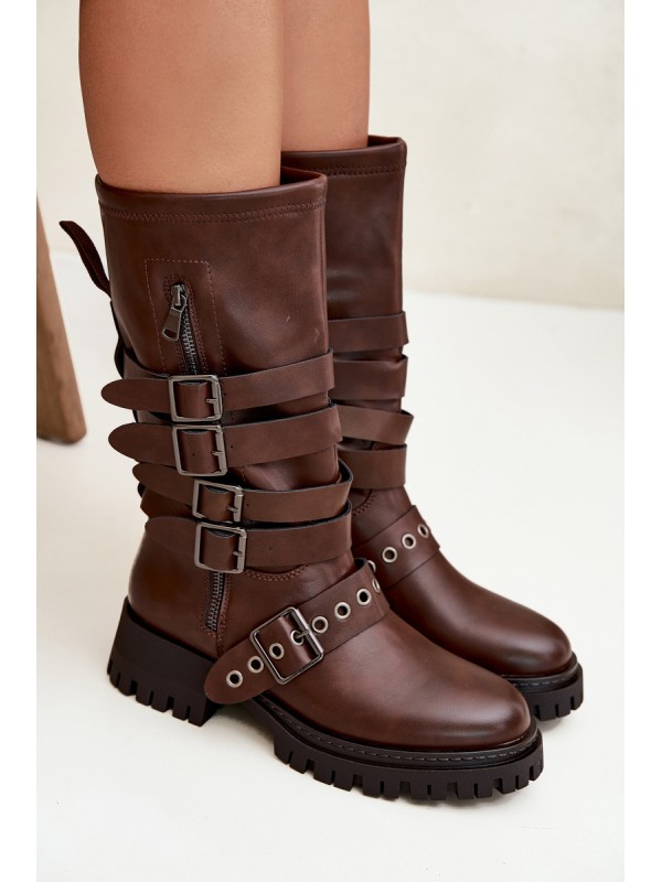 Insulated women's boots with straps and buckles brown Ivaline