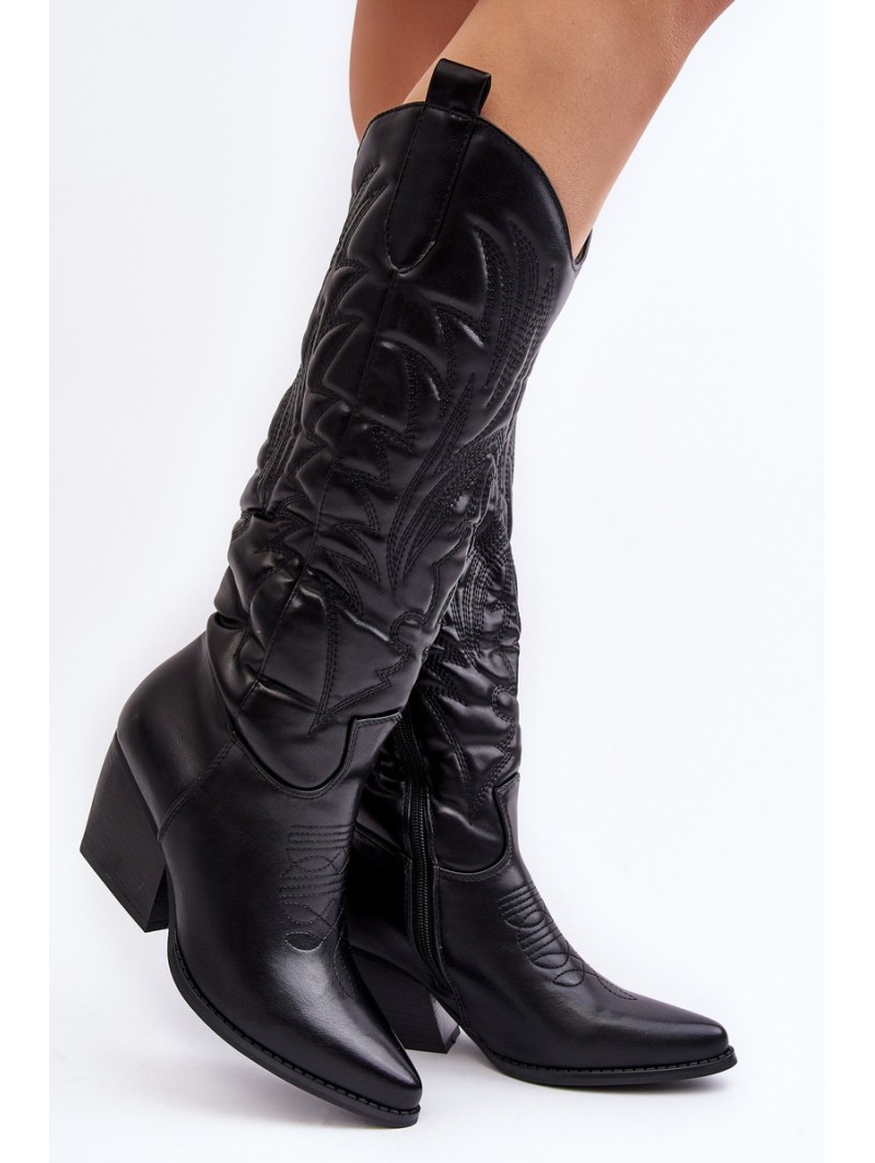 Women's Leather Cowboy Boots On Heel Black Sloana