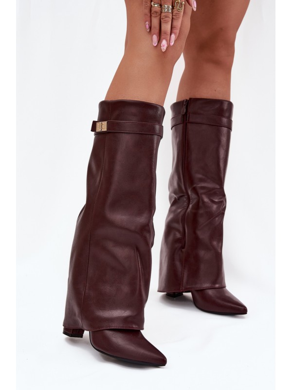 Women's Ankle Boots With Block Heel Rolled Down Shaft And Gold Detail Burgundy Diorna