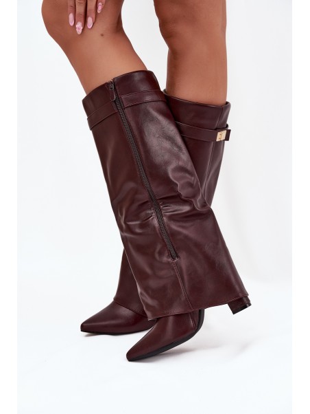 Women's Ankle Boots With Block Heel Rolled Down Shaft And Gold Detail Burgundy Diorna