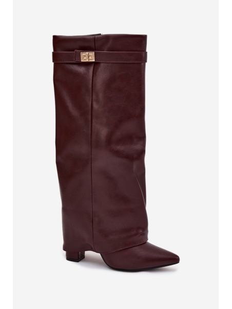 Women's Ankle Boots With Block Heel Rolled Down Shaft And Gold Detail Burgundy Diorna