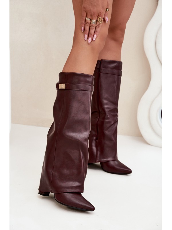 Women's Ankle Boots With Block Heel Rolled Down Shaft And Gold Detail Burgundy Diorna