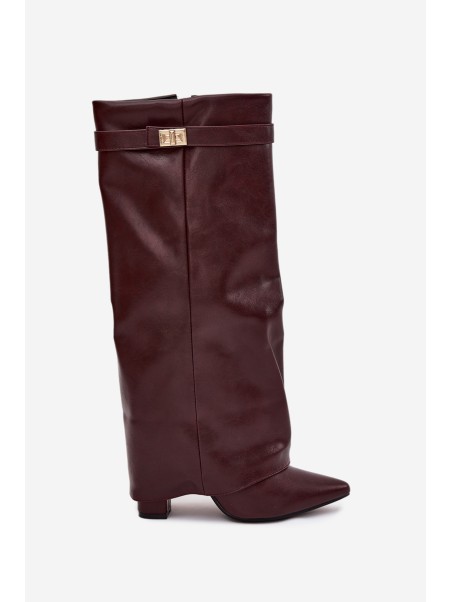 Women's Ankle Boots With Block Heel Rolled Down Shaft And Gold Detail Burgundy Diorna