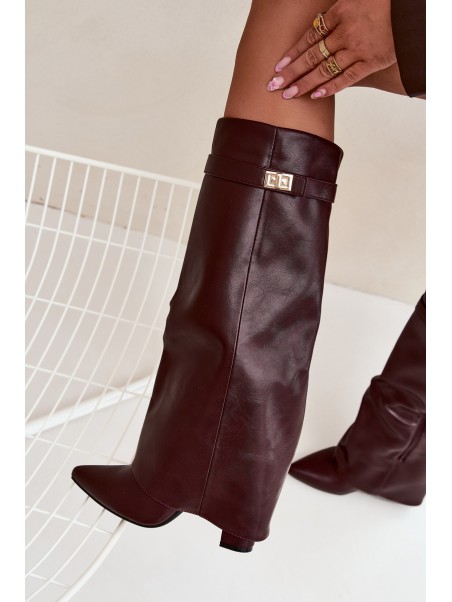 Women's Ankle Boots With Block Heel Rolled Down Shaft And Gold Detail Burgundy Diorna