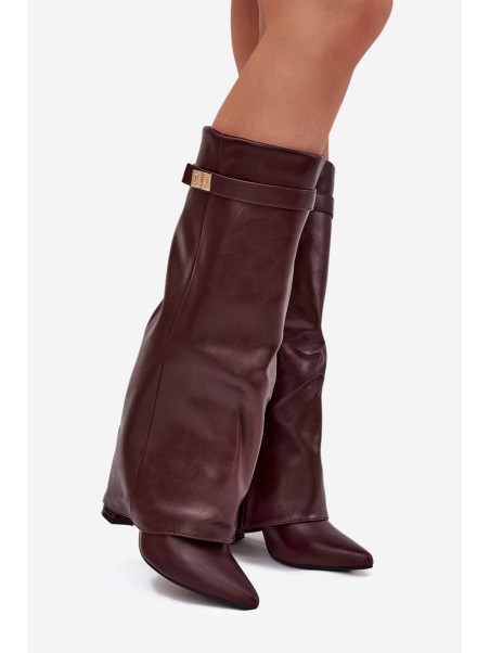 Women's Ankle Boots With Block Heel Rolled Down Shaft And Gold Detail Burgundy Diorna