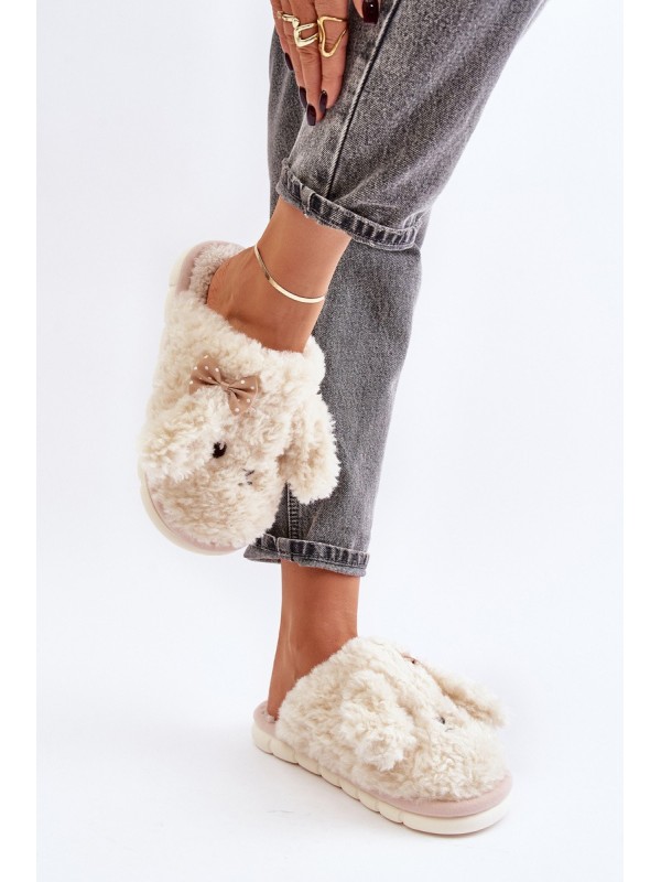 Šiltos pūkuotos moteriškos smėlio spalvos šlepetės 2