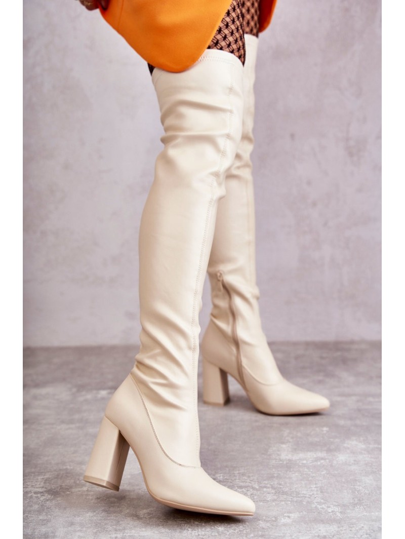 Leather High Heel Boots Beige Casto