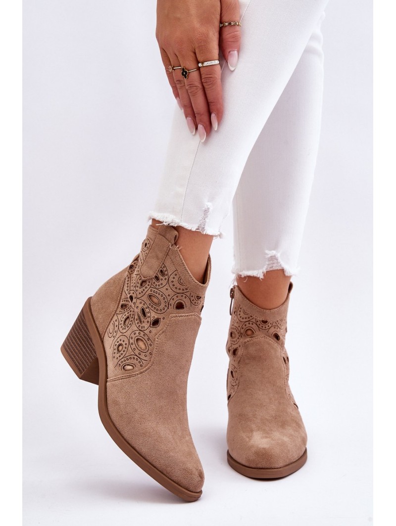 Women's Suede Openwork Cowboy Boots Beige Daxon