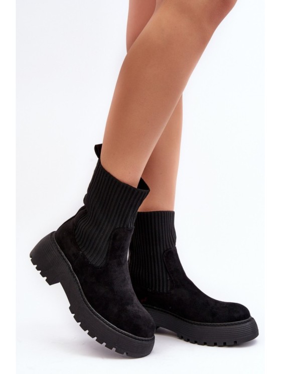 Women's Suede Boots with Sock on Platform and Flat Heel Black Rewam 2