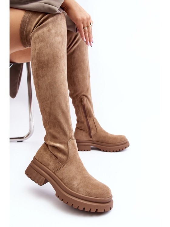 Women's Over-the-Knee Flat Heel Boots Beige Silune 2