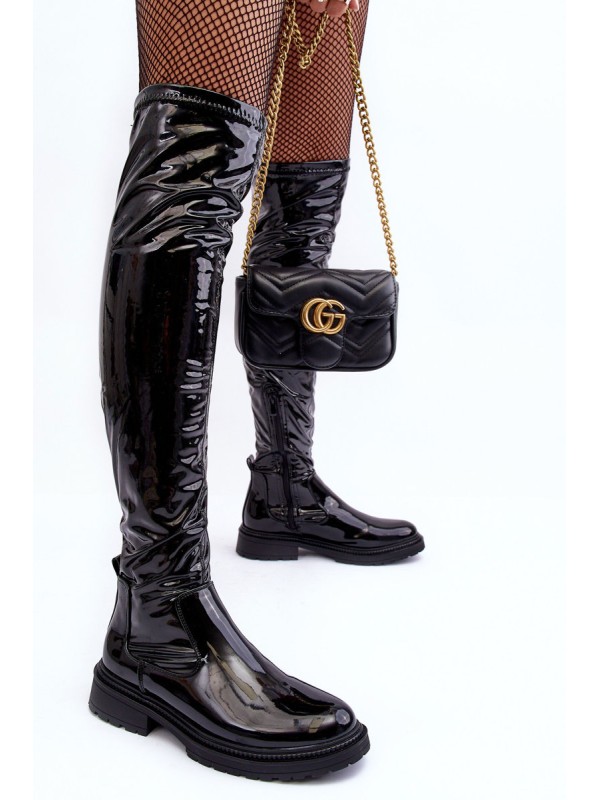 Lacquered Over the Knee Boots On Flat Heel Black Rilema