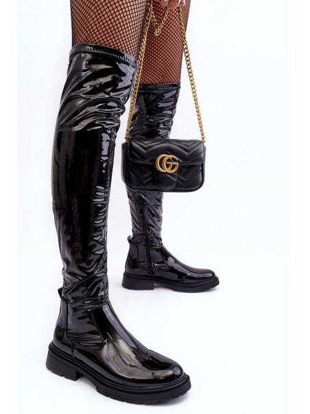 Lacquered Over the Knee Boots On Flat Heel Black Rilema