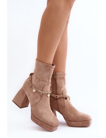 Women's Ankle Boots with Chunky Heel and Chain Beige Tiselo