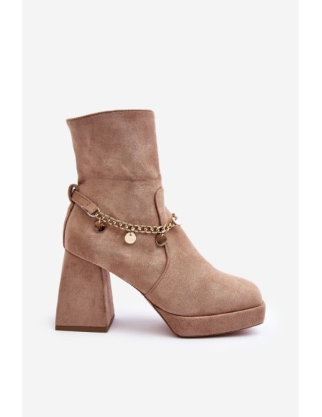 Women's Ankle Boots with Chunky Heel and Chain Beige Tiselo