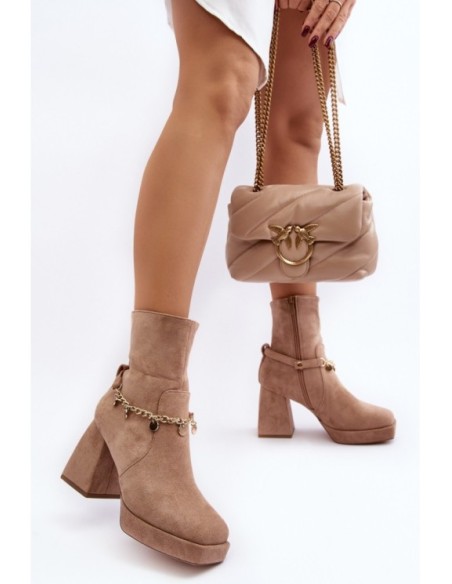 Women's Ankle Boots with Chunky Heel and Chain Beige Tiselo