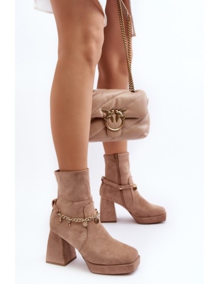 Women's Ankle Boots with Chunky Heel and Chain Beige Tiselo