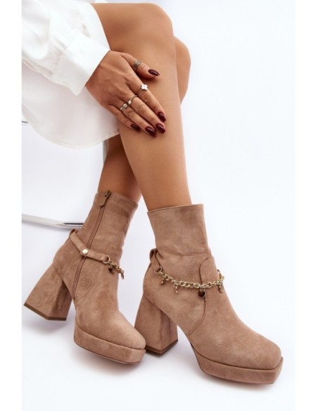 Women's Ankle Boots with Chunky Heel and Chain Beige Tiselo