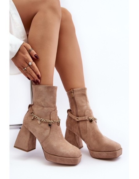 Women's Ankle Boots with Chunky Heel and Chain Beige Tiselo