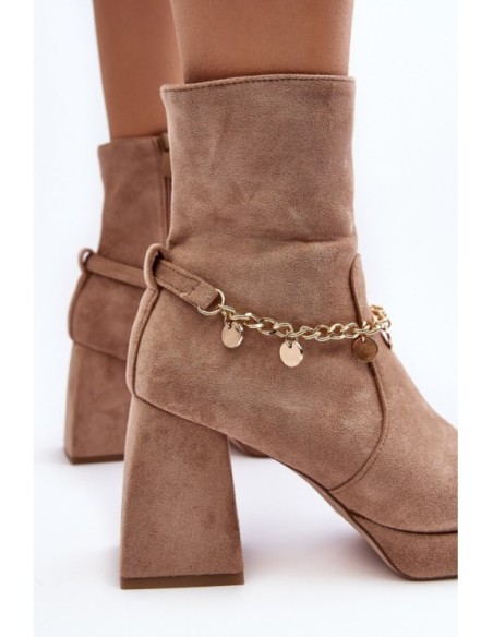 Women's Ankle Boots with Chunky Heel and Chain Beige Tiselo