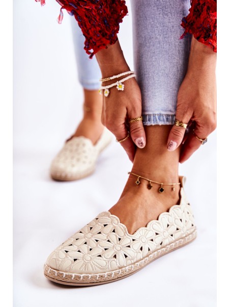 Women's Slip-on Ballerina Flats with Flowers Beige Vennice