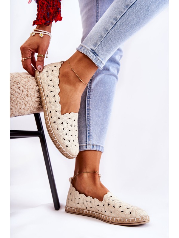 Women's Slip-on Ballerina Flats with Flowers Beige Vennice