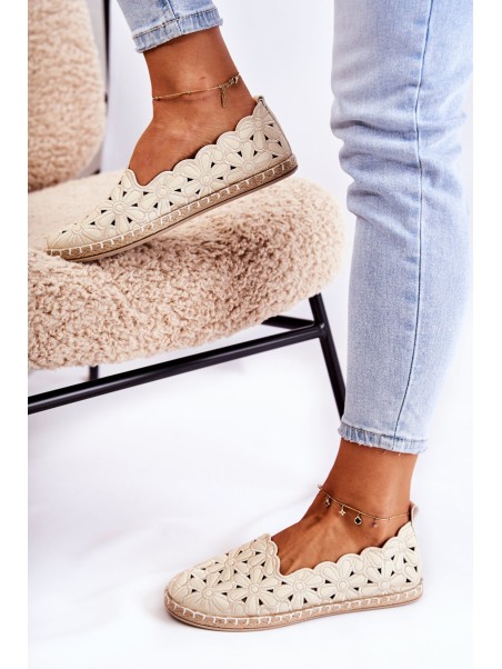 Women's Slip-on Ballerina Flats with Flowers Beige Vennice