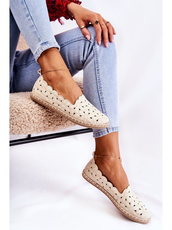 Women's Slip-on Ballerina Flats with Flowers Beige Vennice