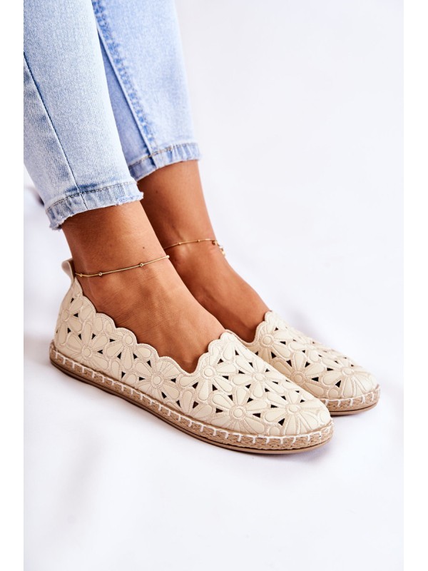 Women's Slip-on Ballerina Flats with Flowers Beige Vennice