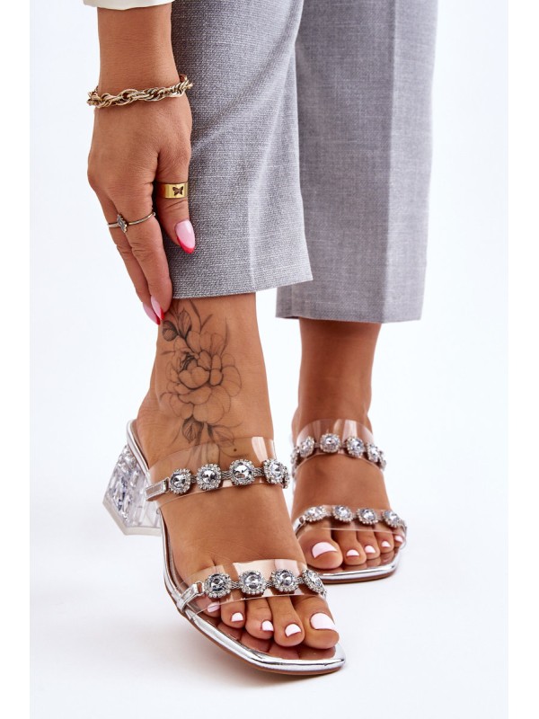 Women's Slippers With Decorative Zircons Silver Leyla