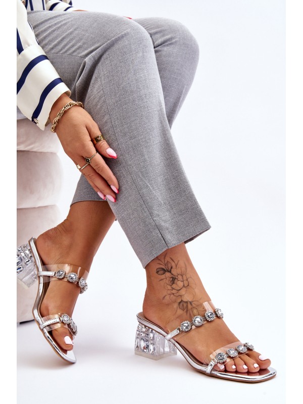 Women's Slippers With Decorative Zircons Silver Leyla