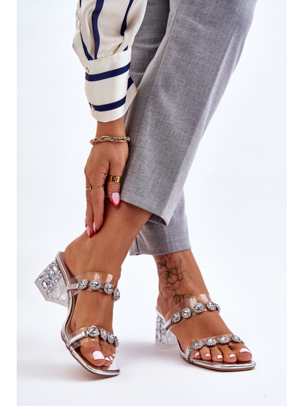 Women's Slippers With Decorative Zircons Silver Leyla