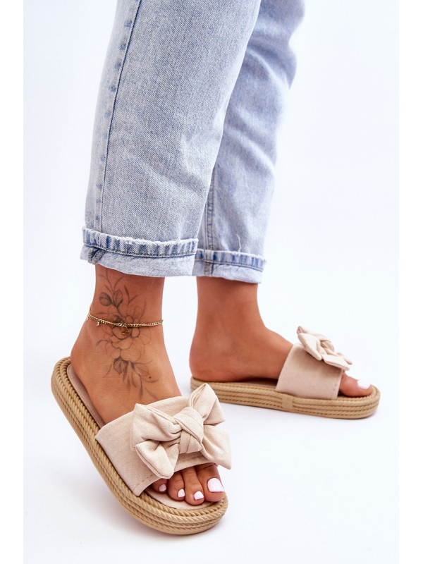Women's Suede Slippers With Bow Beige Fency 2