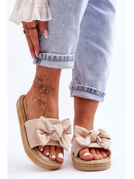 Women's Suede Slippers With Bow Beige Fency