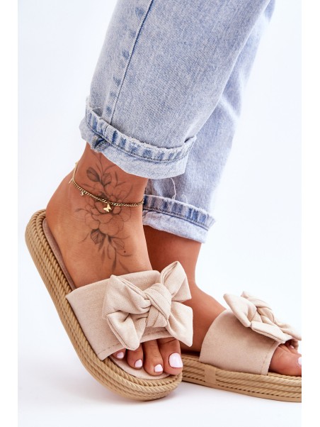 Women's Suede Slippers With Bow Beige Fency