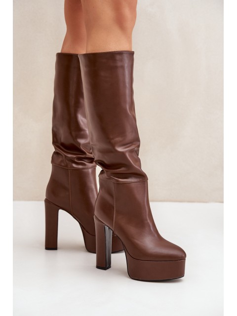Knee High Boots On A Heel And Platform Made Of Eco Leather Brown Felilorn 2