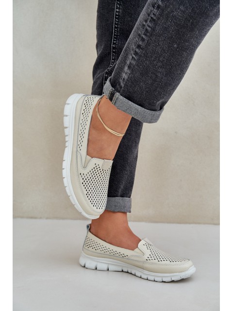 Lightweight Leather Perforated Loafers Women's Platform Beige Tanelora
