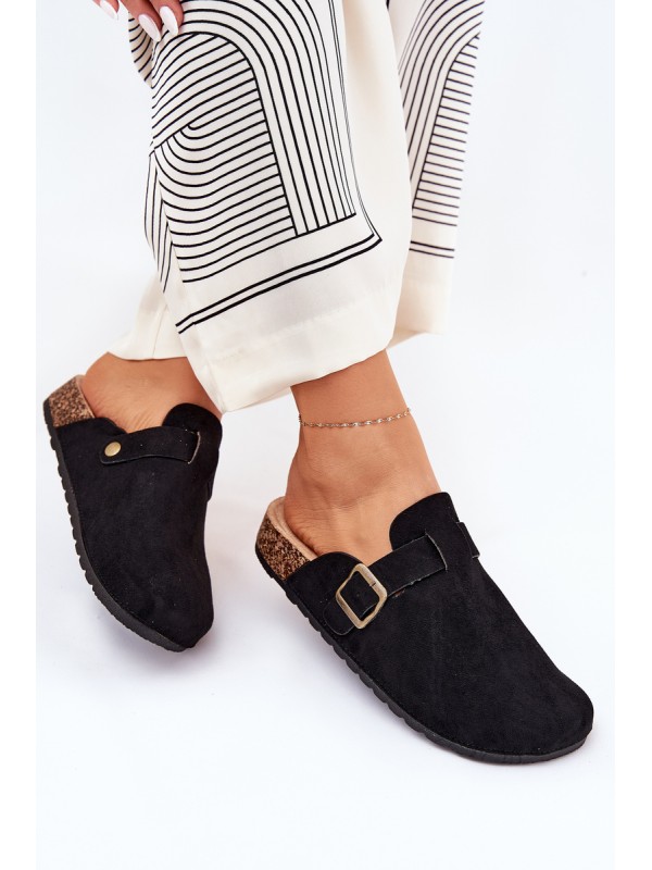Ladies Slippers and On Platform With Buckle Black Selio