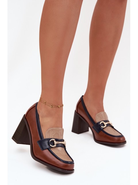 Women's Low Heel Shoes with Embossing and Gold Detail Beige-Brown Novella