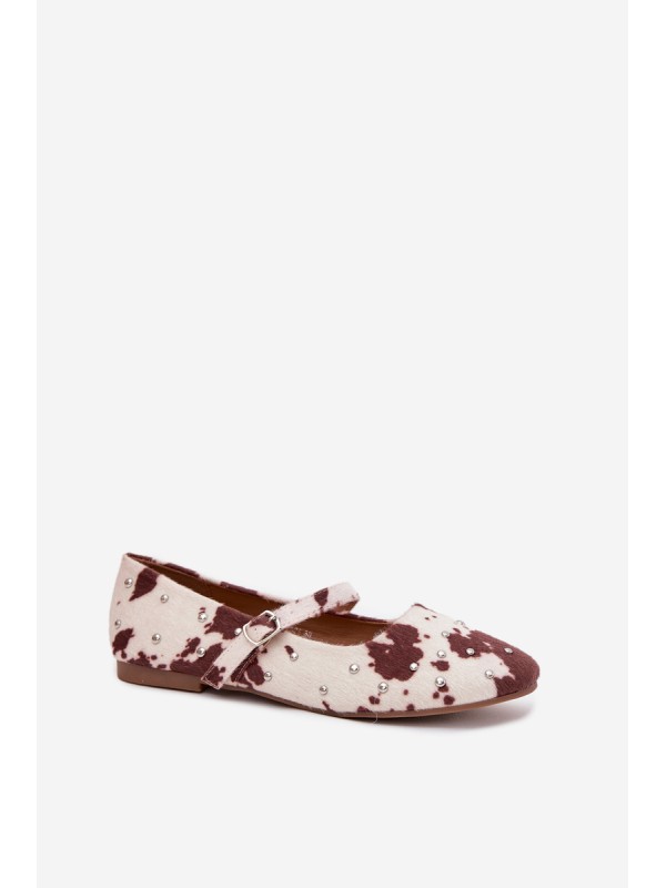 Embellished Women's Ballerinas with Strap in White-Brown Olivisse