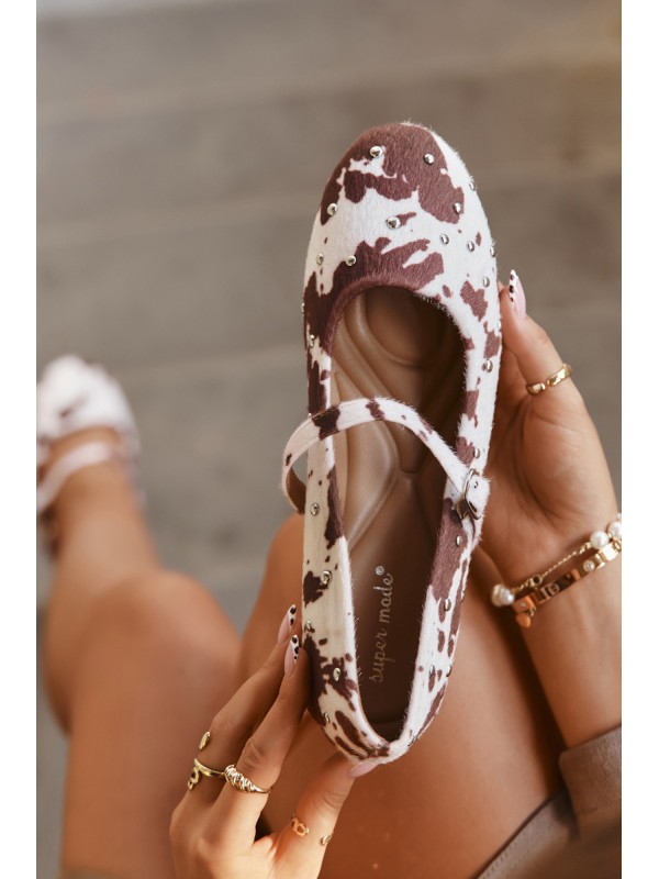 Embellished Women's Ballerinas with Strap in White-Brown Olivisse