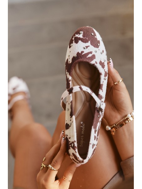 Embellished Women's Ballerinas with Strap in White-Brown Olivisse