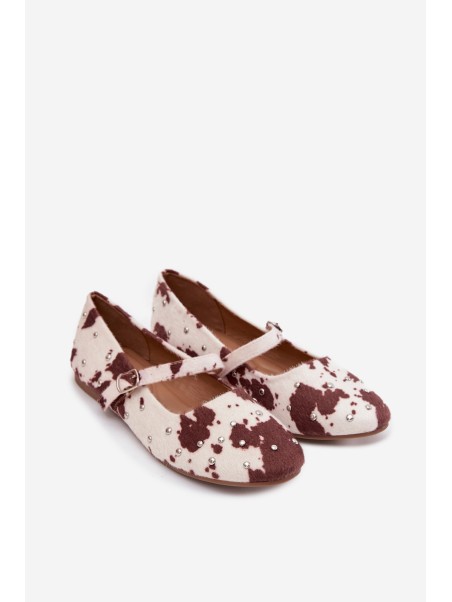 Embellished Women's Ballerinas with Strap in White-Brown Olivisse