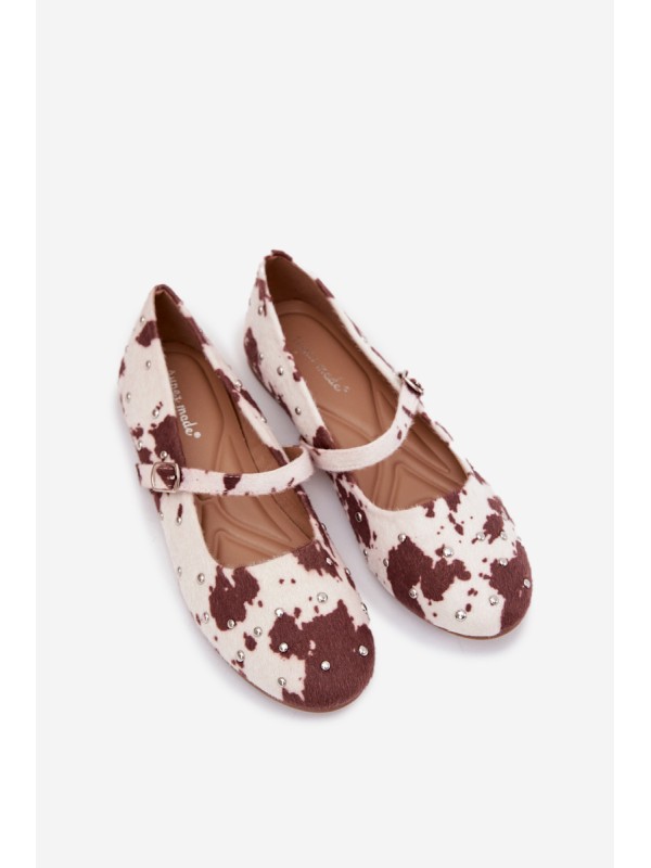 Embellished Women's Ballerinas with Strap in White-Brown Olivisse