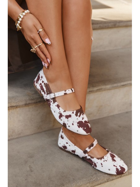 Embellished Women's Ballerinas with Strap in White-Brown Olivisse