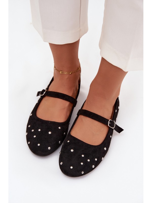 Embellished Women's Ballerinas with Strap Black Olivisse
