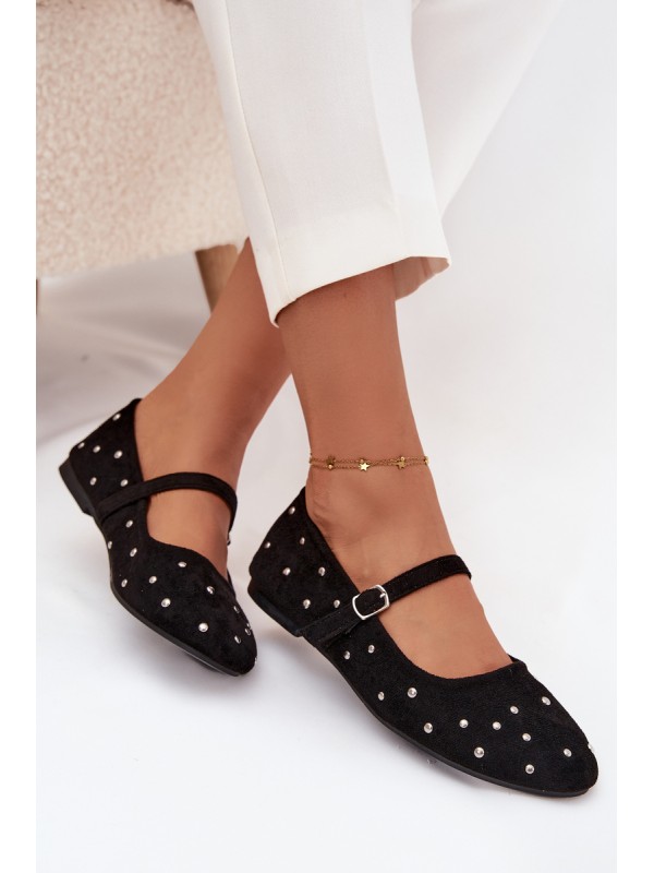 Embellished Women's Ballerinas with Strap Black Olivisse