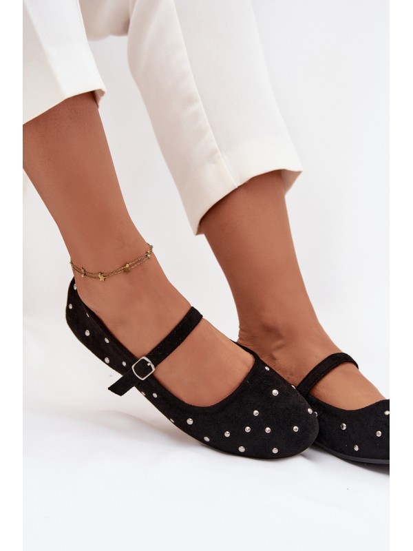 Embellished Women's Ballerinas with Strap Black Olivisse
