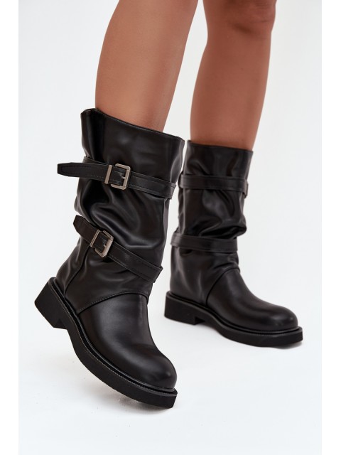 Wrinkled Women's Boots To The Middle Of The Calf With Straps And Buckles Black Halvessa 2